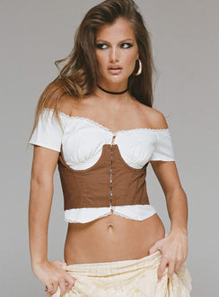 Front view of model wearing  front Princess Polly Short Sleeves Sweetheart  Saturday Sinner Corset Brown