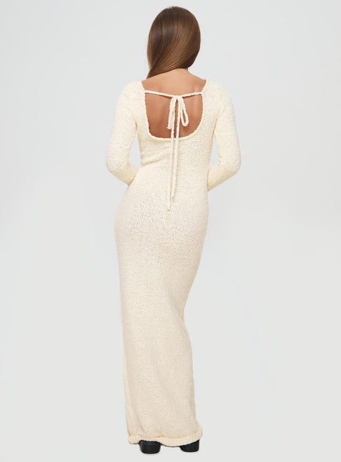 Long sleeve maxi dress Boucle material, low back, sheer knit, tie fastening at back&nbsp;
