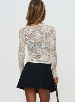 back view of model wearing Princess Polly Berkely Lace Button Up Long Sleeve Top Cream Full Sleeves V-Neck 