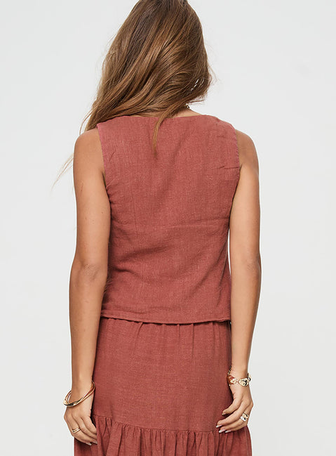 Rust Linen top Square neck, button up fastening