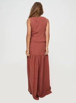 Rust Linen maxi skirt Relaxed fit, elasticated drawstring waist, tiered design