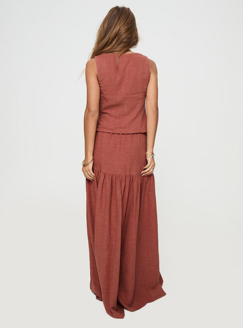 Rust Linen maxi skirt Relaxed fit, elasticated drawstring waist, tiered design