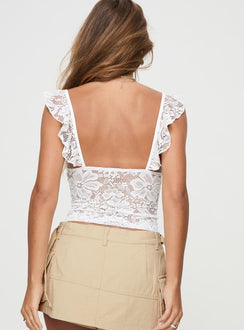 White Lace top Fixed shoulder straps, v neckline, ruffle sleeve