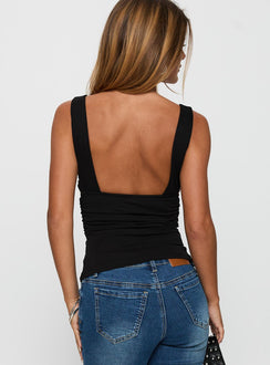 back view of model wearing Princess Polly Sublime Ruched Top Black Sleeveless Plunger 