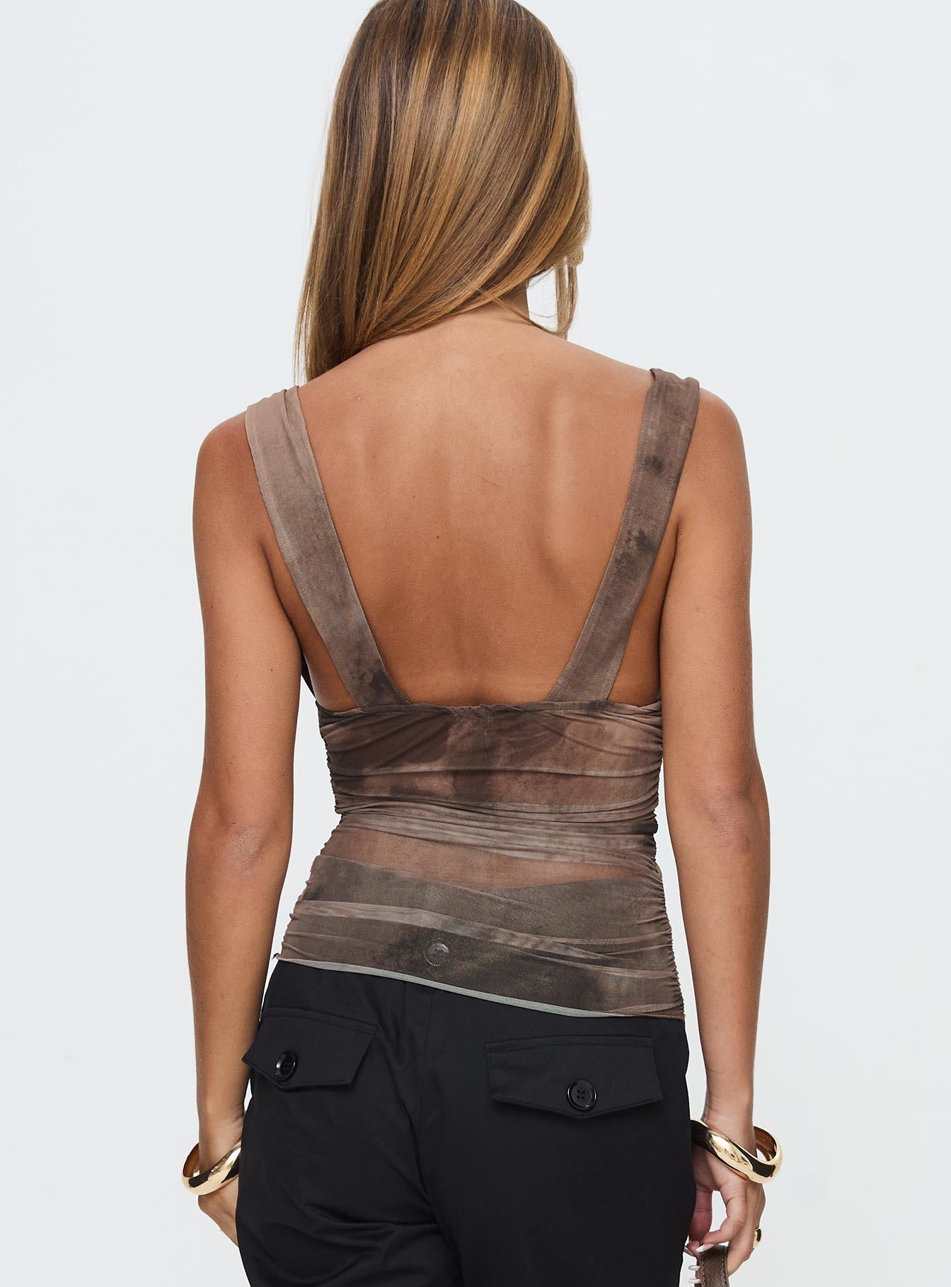 back view of model wearing Princess Polly Emilea Top Multi Sleeveless Plunger 