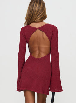 back view of model wearing Princess Polly Rhapsody Long Sleeve Knit Mini Dress Red Crew Neck 