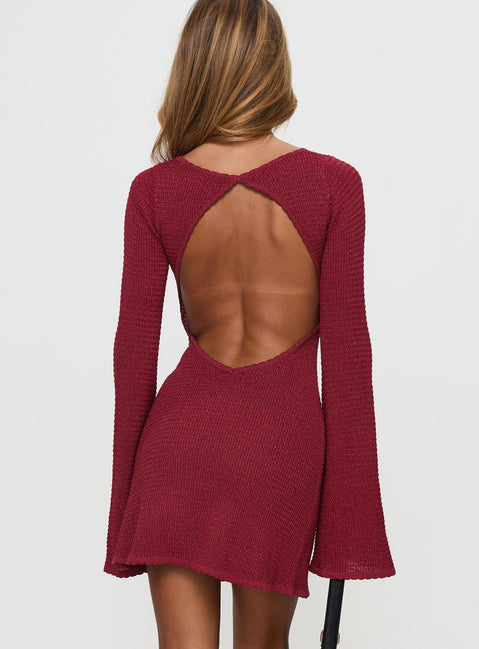 back view of model wearing Princess Polly Rhapsody Long Sleeve Knit Mini Dress Red Crew Neck 