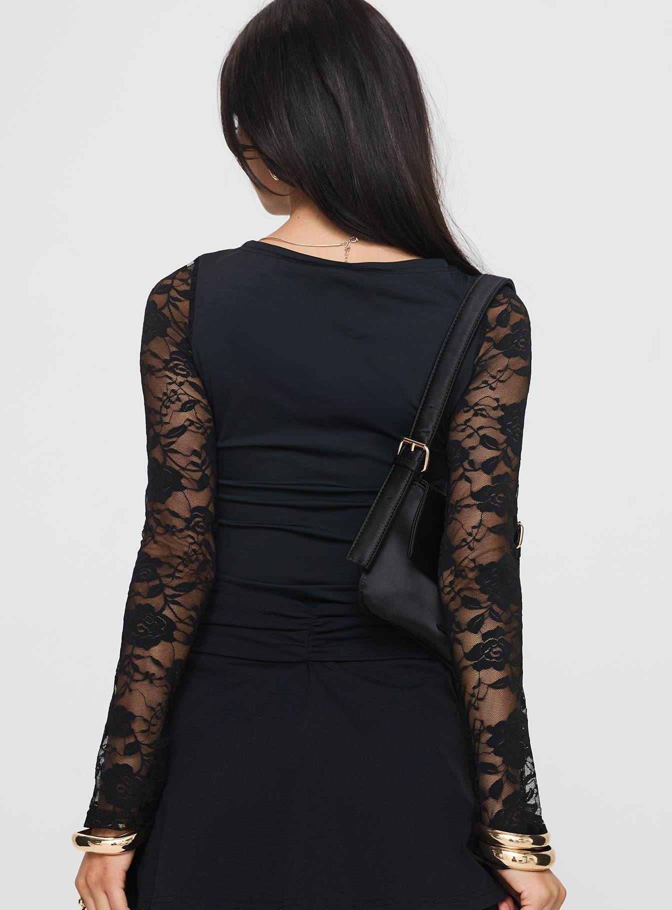 back view of model wearing Princess Polly Good Nights Lace Long Sleeve Bodysuit Black Full Sleeves Boat Neck 