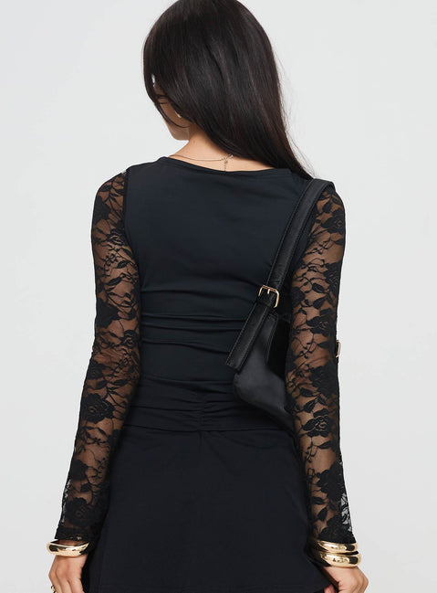 back view of model wearing Princess Polly Good Nights Lace Long Sleeve Bodysuit Black Full Sleeves Boat Neck 