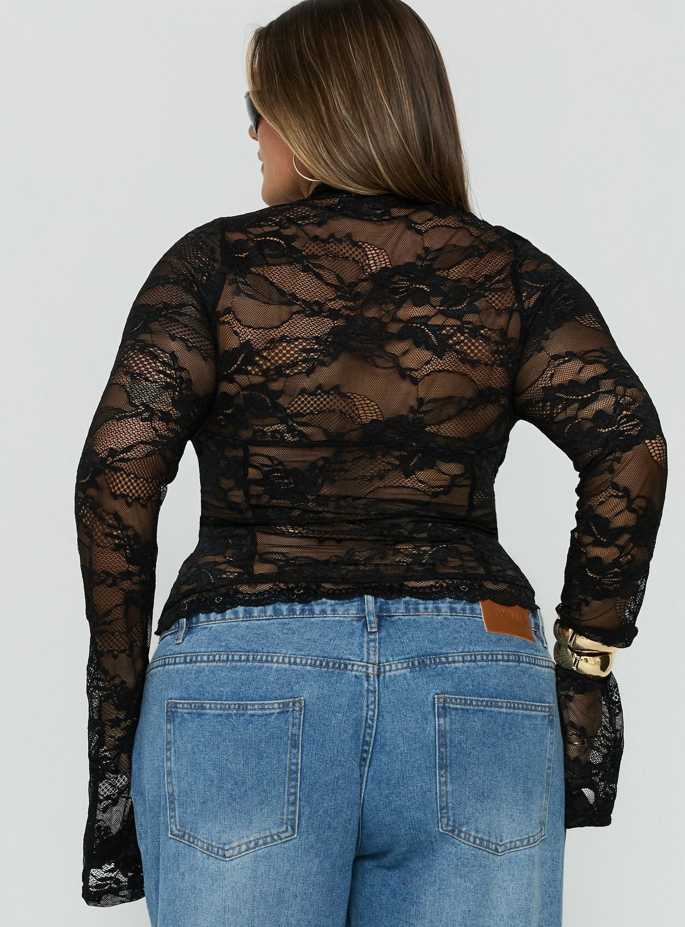 Kecia Long Sleeve Lace Top Black Curve