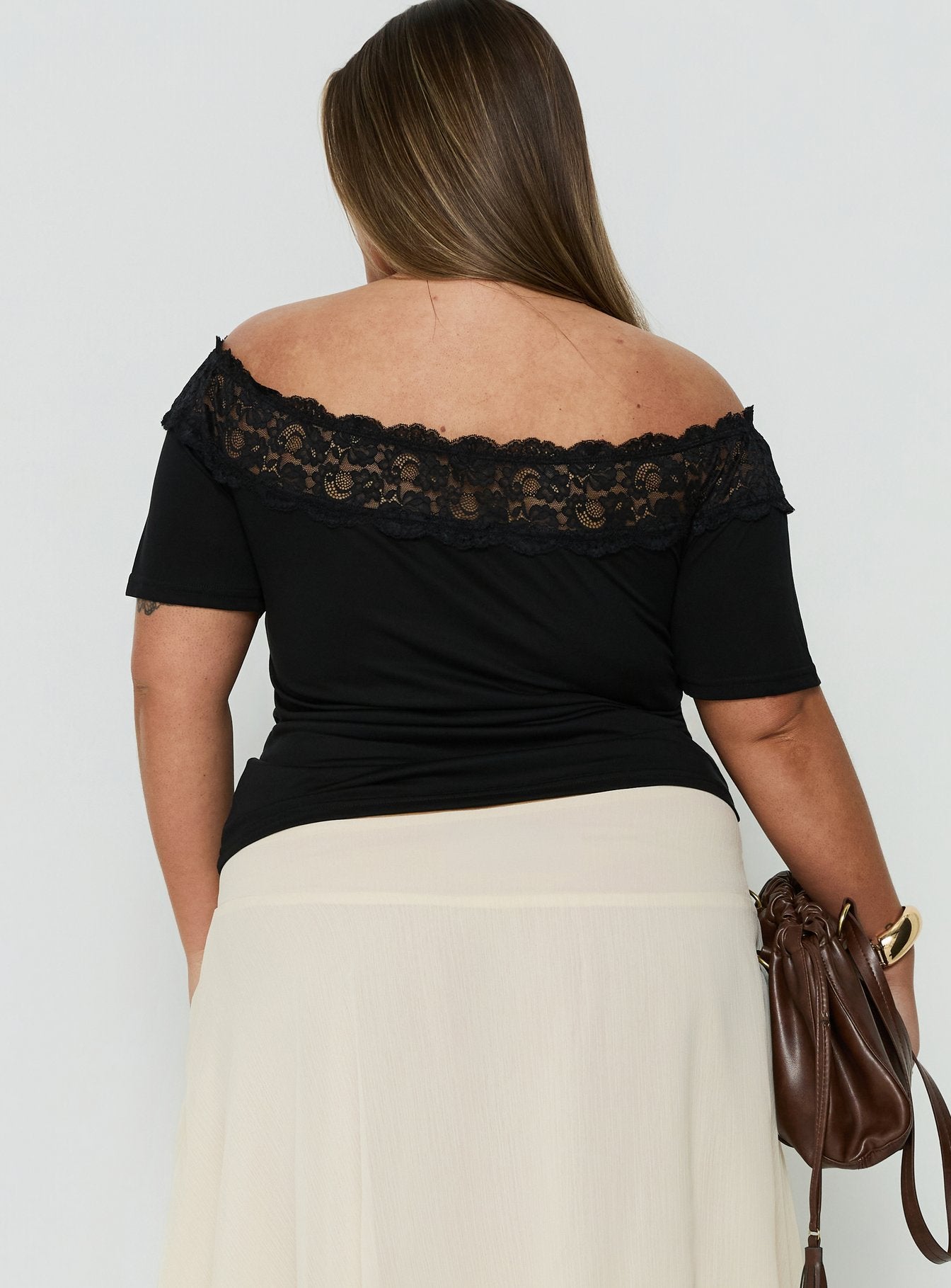 Breiann Lace Off Shoulder Short Sleeve Top Black Curve