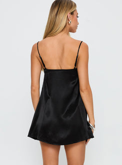 back view of model wearing Princess Polly Apple Cider Mini Dress Black Square Neck 