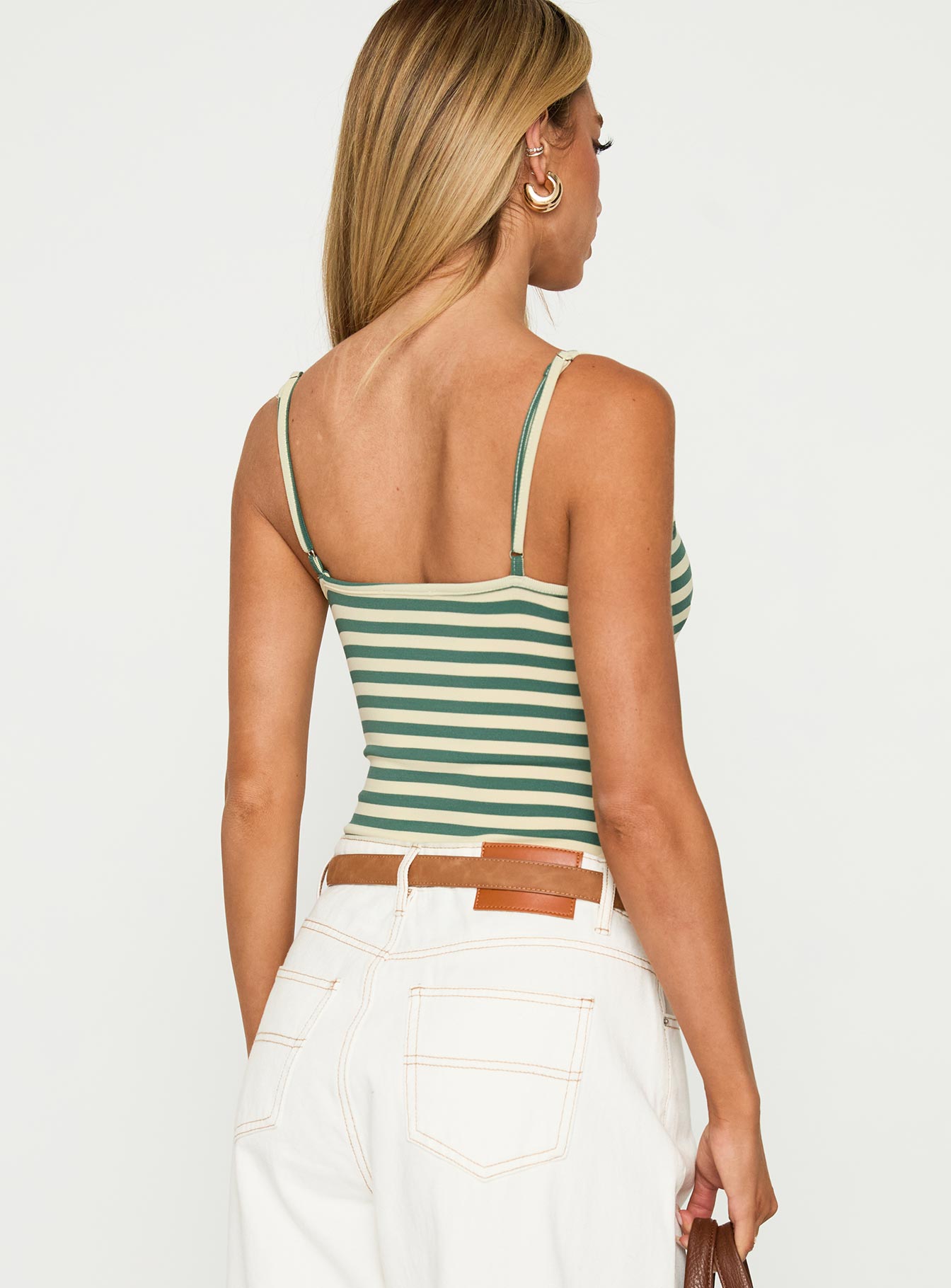 back view of model wearing Princess Polly Like A Daydream Bodysuit Green / Cream Sleeveless 