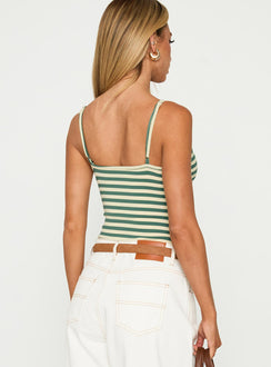 back view of model wearing Princess Polly Like A Daydream Bodysuit Green / Cream Sleeveless 