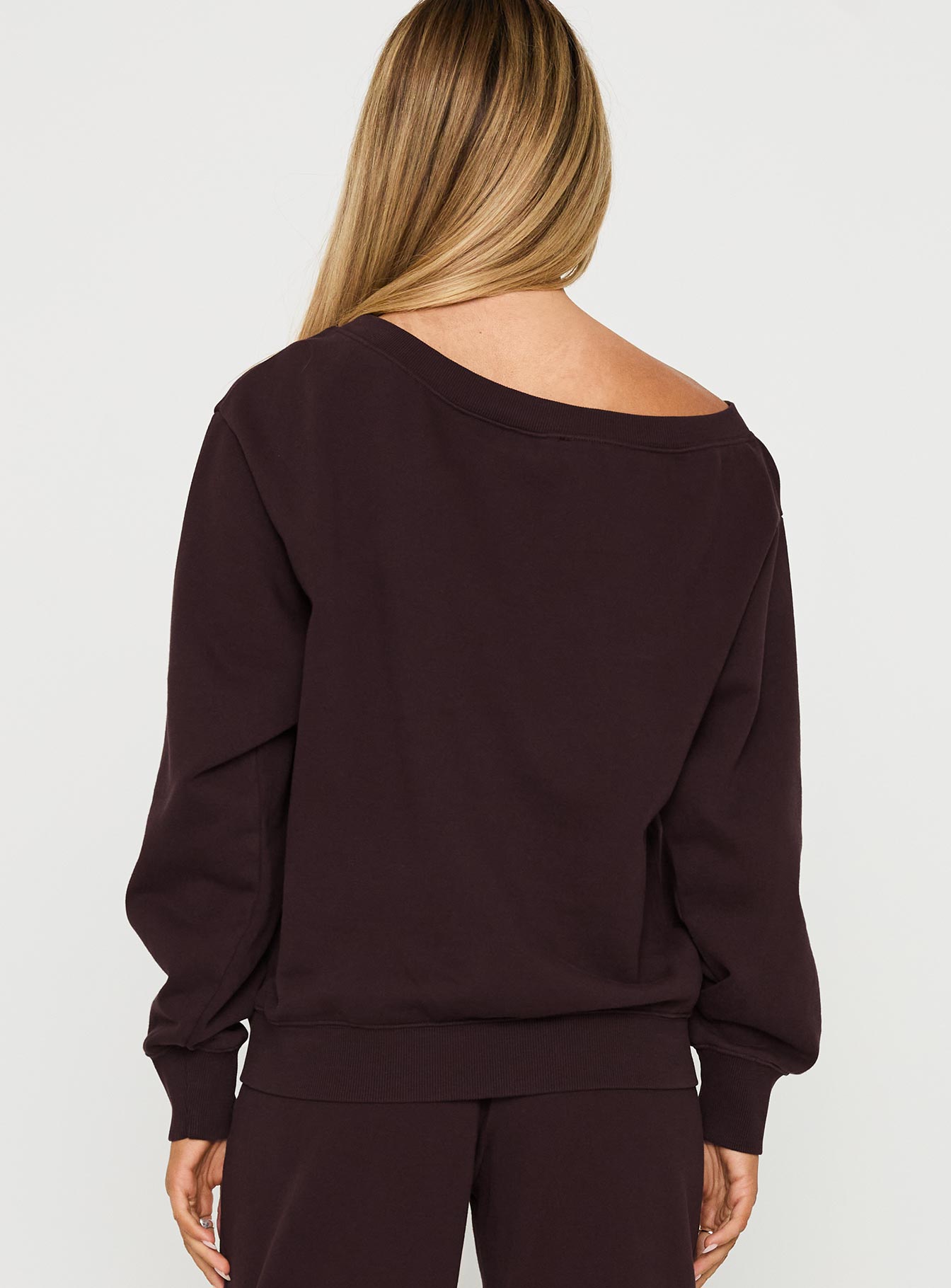 back view of model wearing Princess Polly Wellness Off The Shoulder Jumper Brown Cropped Jumpers 