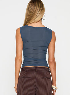 back view of model wearing Princess Polly Persuade You Ruched Top Blue Sleeveless Crew Neck 