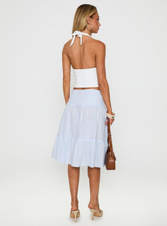back view of model wearing Princess Polly Cascades Low Rise Midi Skirt Blue / White Stripe Midi Skirts 