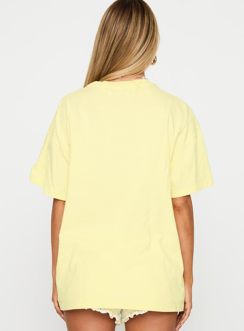 back view of model wearing Princess Polly Pasta Makes You Fasta Oversized Tee Yellow Half Sleeves Crew Neck 