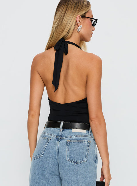back view of model wearing Princess Polly Kendrae Plunge Halter Bodysuit Black Sleeveless 