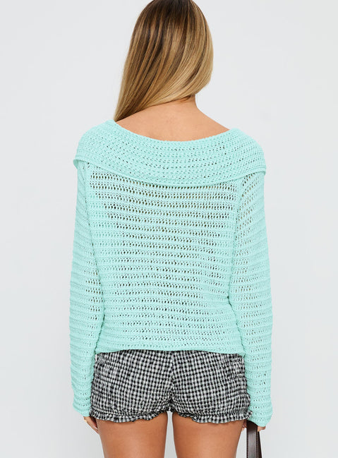 back view of model wearing Princess Polly Tuscon Crochet Sweater Blue 
