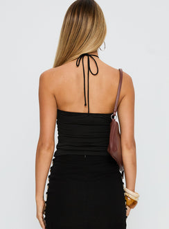 back view of model wearing Princess Polly Final Tango Halter Top Black Sleeveless 