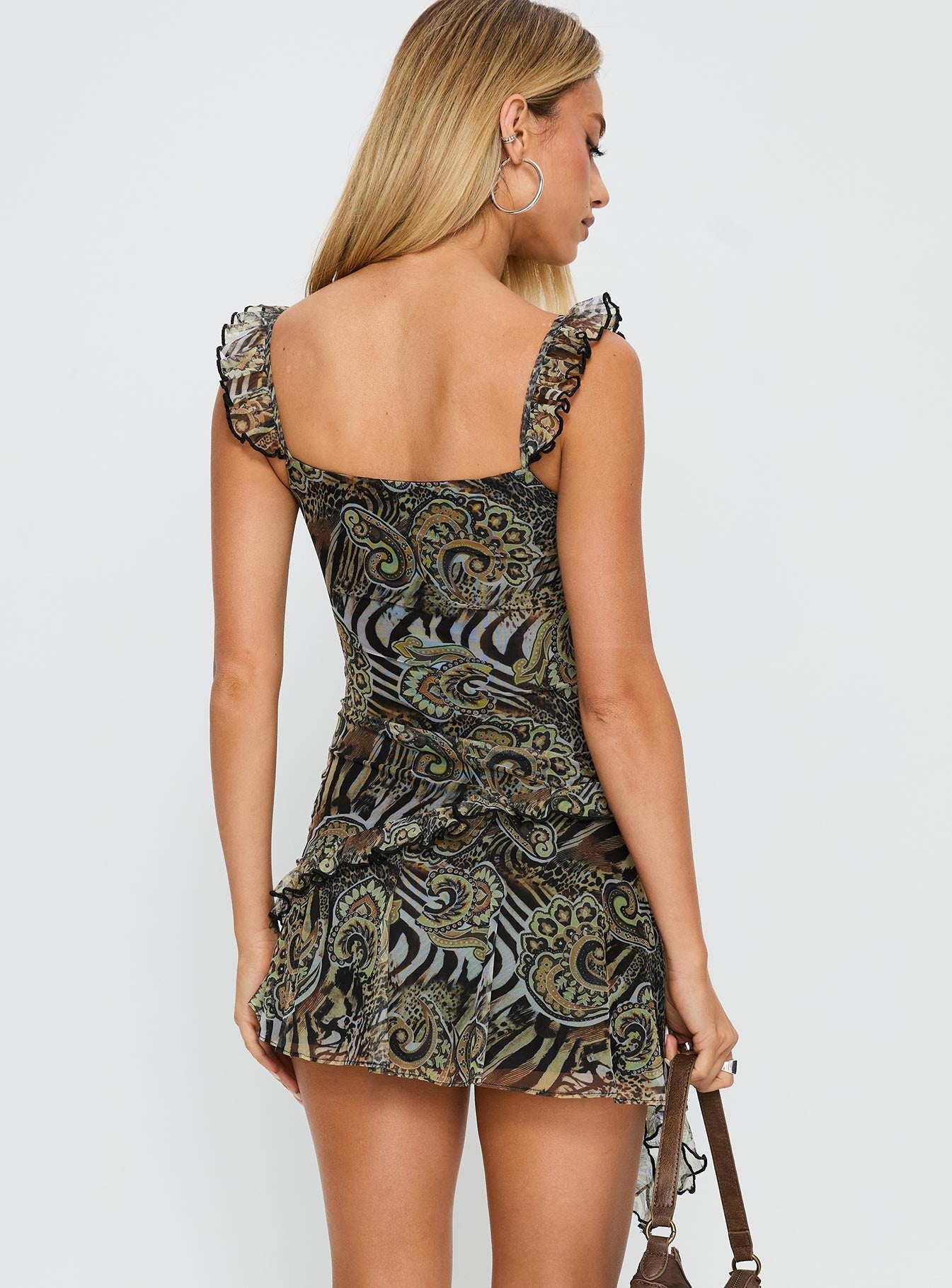 back view of model wearing Princess Polly My Lifeline Frill Mini Dress Zebra Scoop Neck 