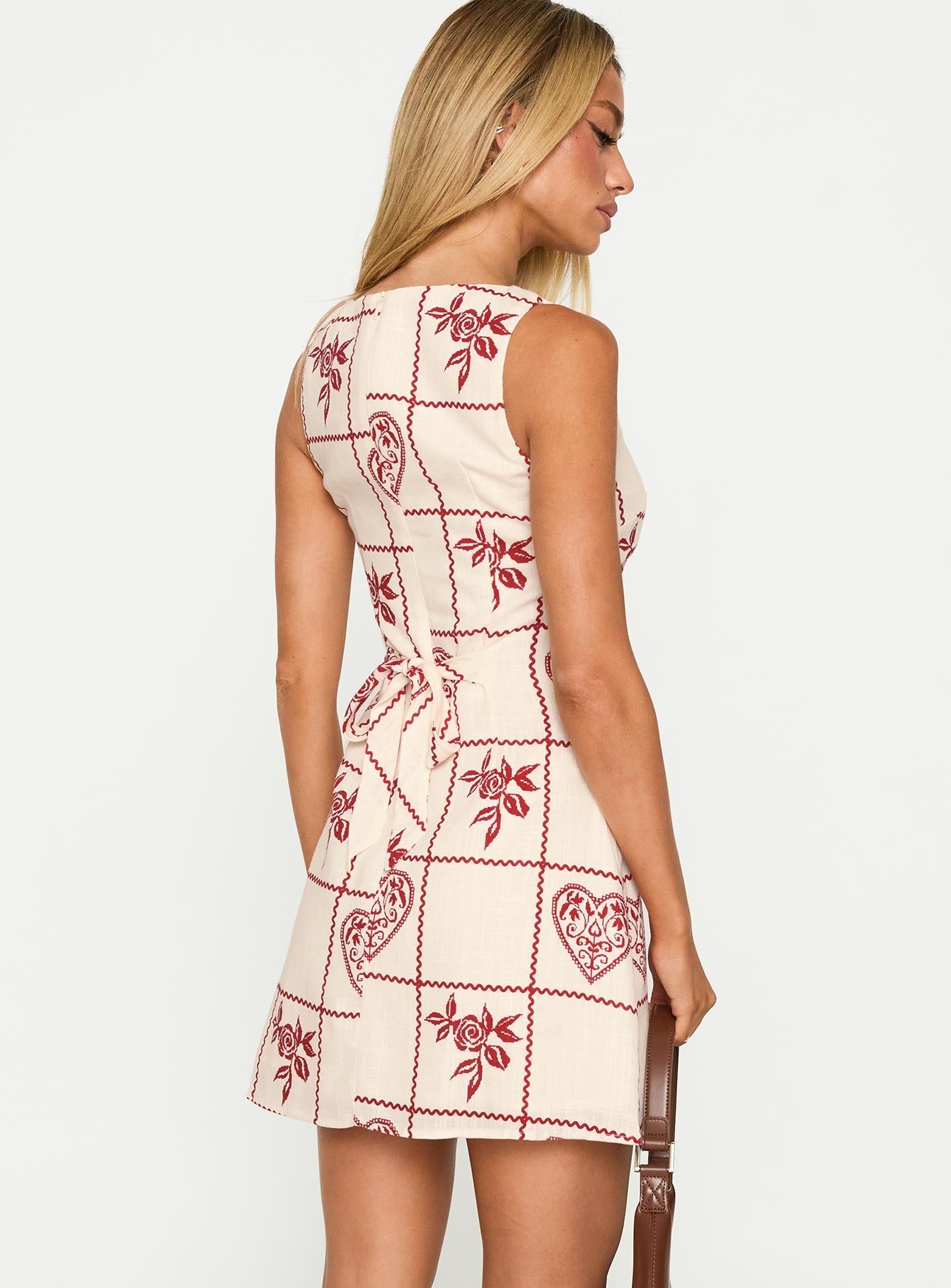 back view of model wearing Princess Polly Alfalfa Shift Mini Dress Red Floral Check Crew Neck 