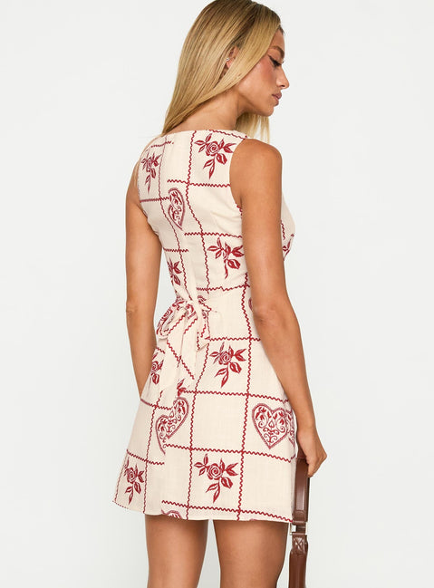 back view of model wearing Princess Polly Alfalfa Shift Mini Dress Red Floral Check Crew Neck 