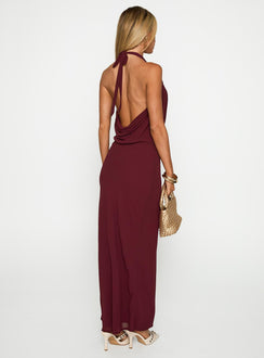 back view of model wearing Princess Polly Vortexa Halter Maxi Dress Currant Plunger 