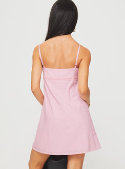 back view of model wearing Princess Polly Lunya Mini Dress Pink V-Neck 