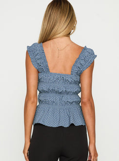 back view of model wearing Princess Polly Scouts Honour Shirred Top Blue / White Short Sleeves Square Neck 