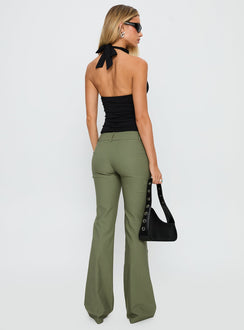 back view of model wearing Princess Polly Kinkirk Flared Pants Olive Green Low Rise Pants 