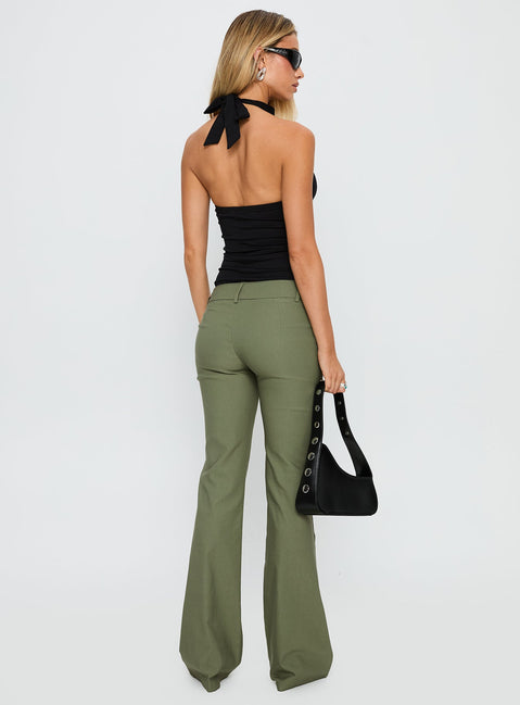 back view of model wearing Princess Polly Kinkirk Flared Pants Olive Green Low Rise Pants 