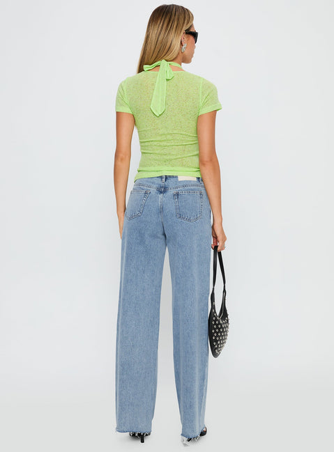 back view of model wearing Princess Polly Darla Low Rise Straight Jean Vintage Blue Wash Low Rise Jeans 