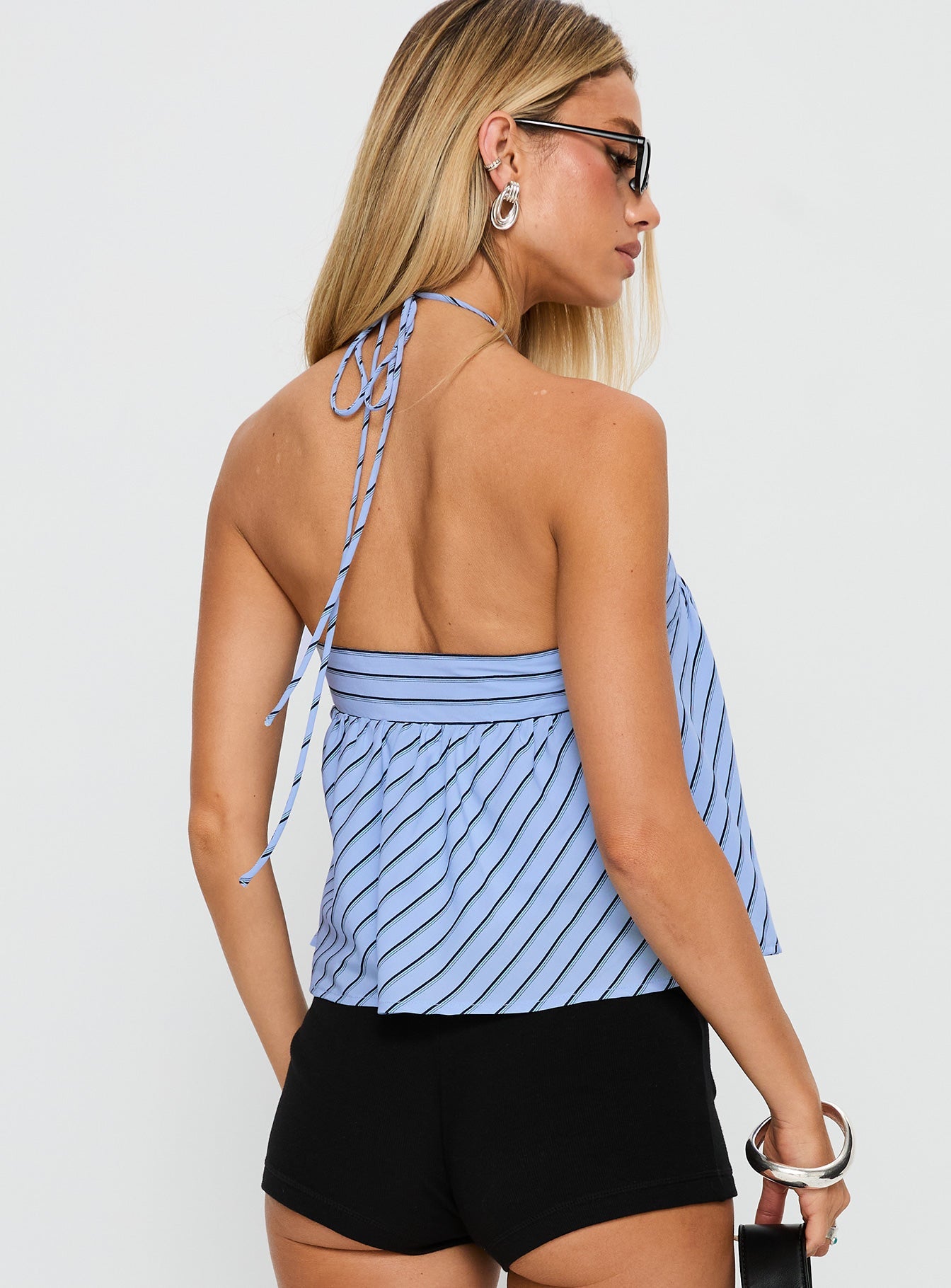 back view of model wearing Princess Polly Moonlit Top Blue Stripe Sleeveless 