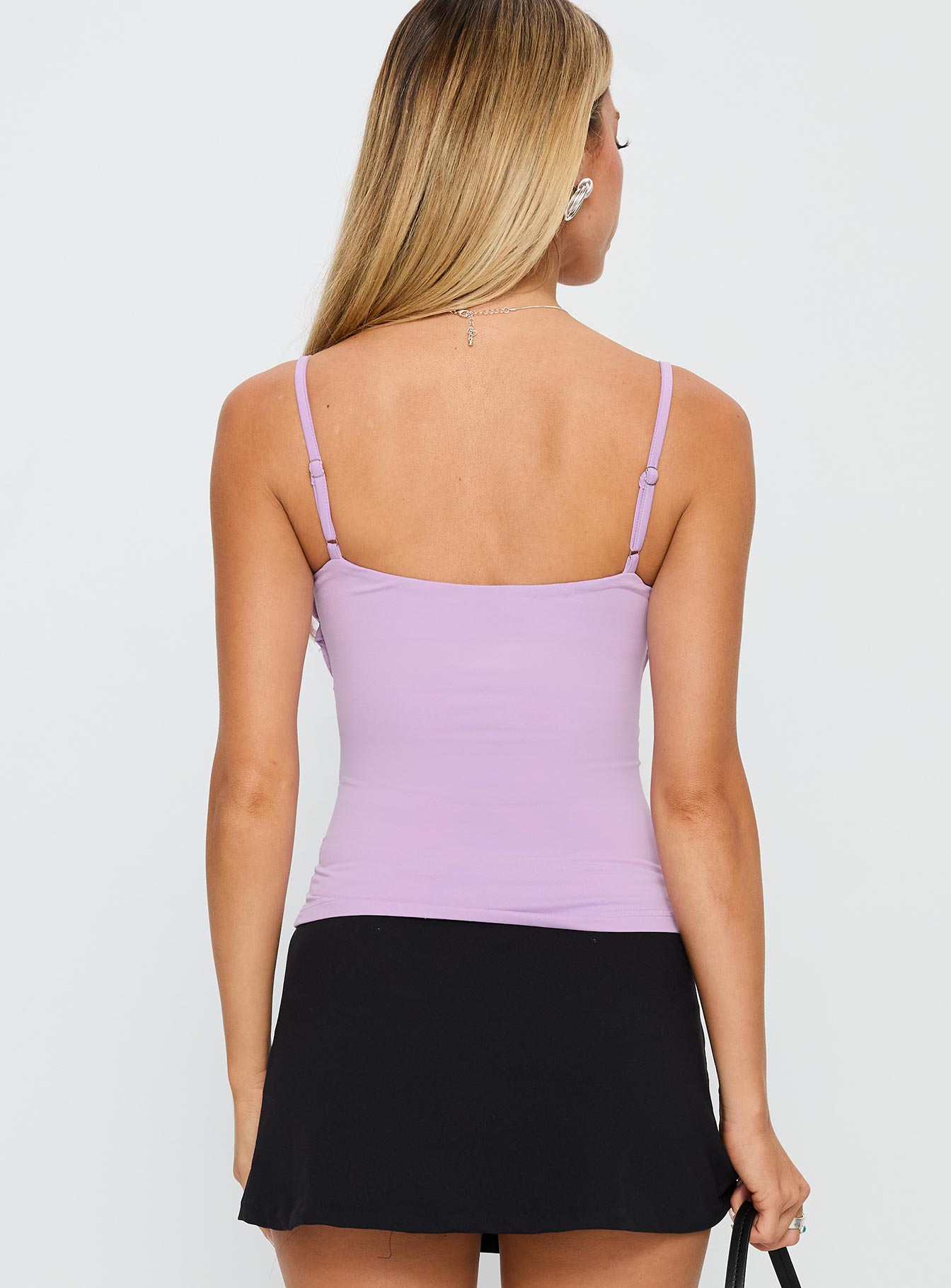 back view of model wearing Princess Polly Kienan Top Lilac Sleeveless Plunger 