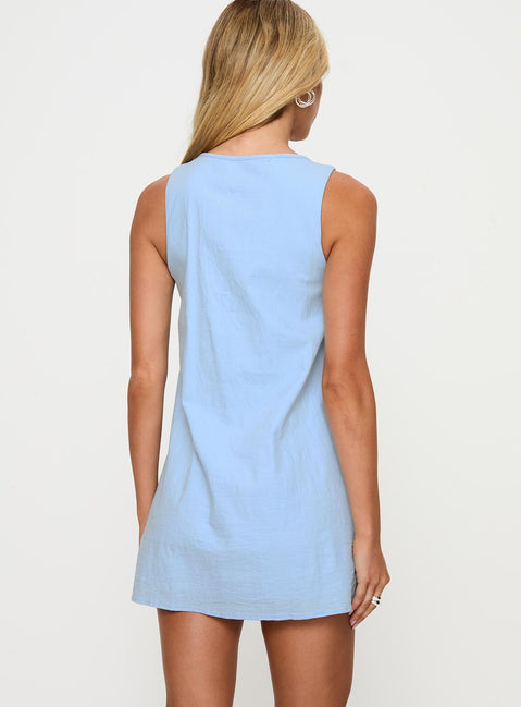 back view of model wearing Princess Polly Caddie Tie Mini Dress Blue Crew Neck 