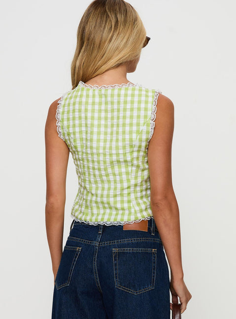 back view of model wearing Princess Polly Wayland Tie Up Lace Trim Top Green Check Sleeveless V-Neck 