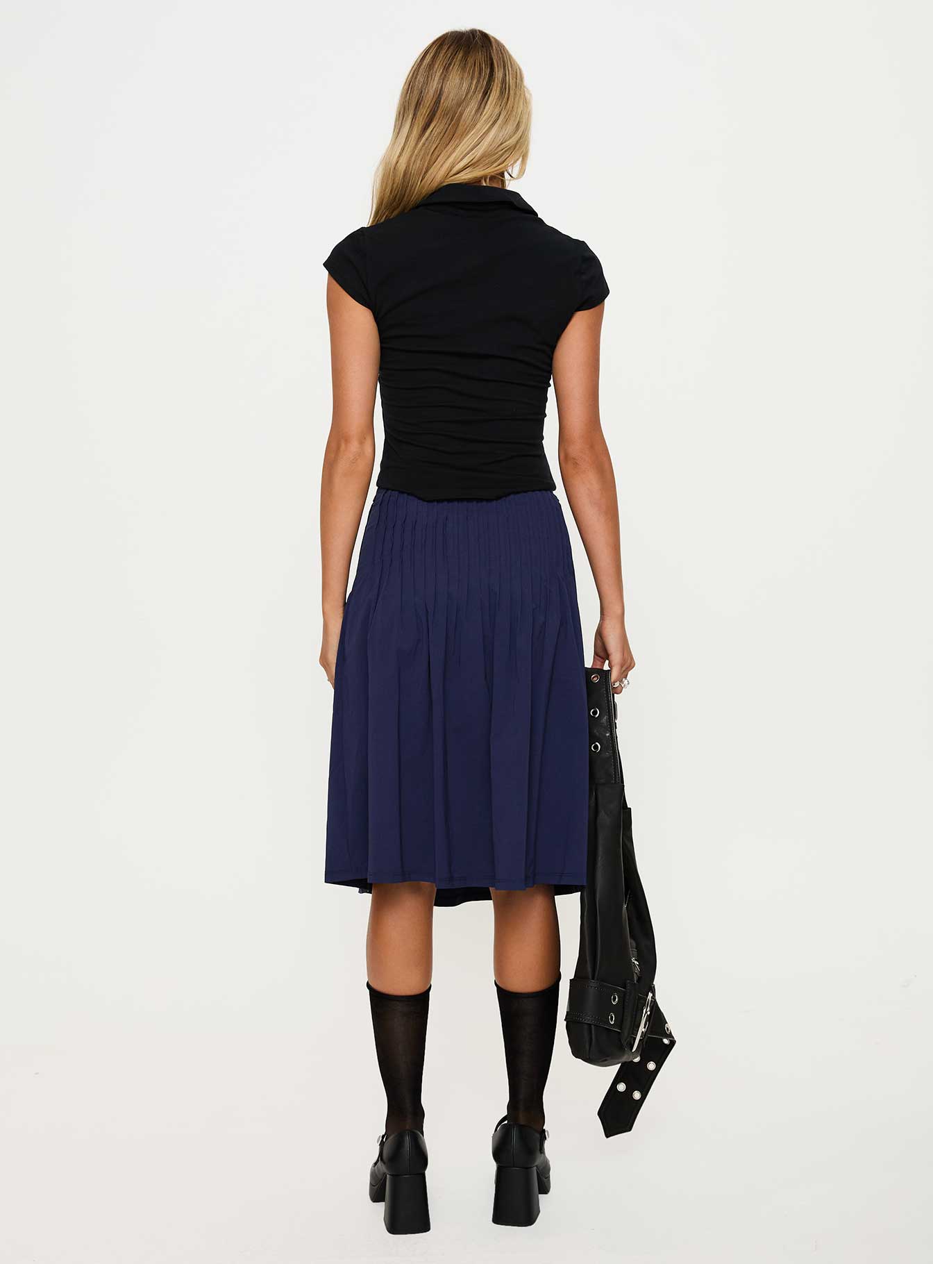 back view of model wearing Princess Polly Elaila Pleat Midi Skirt Navy Midi Skirts 