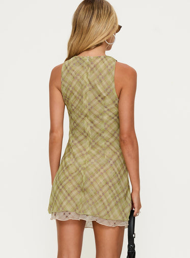 Buffie Shoulder Mini Dress Green Check