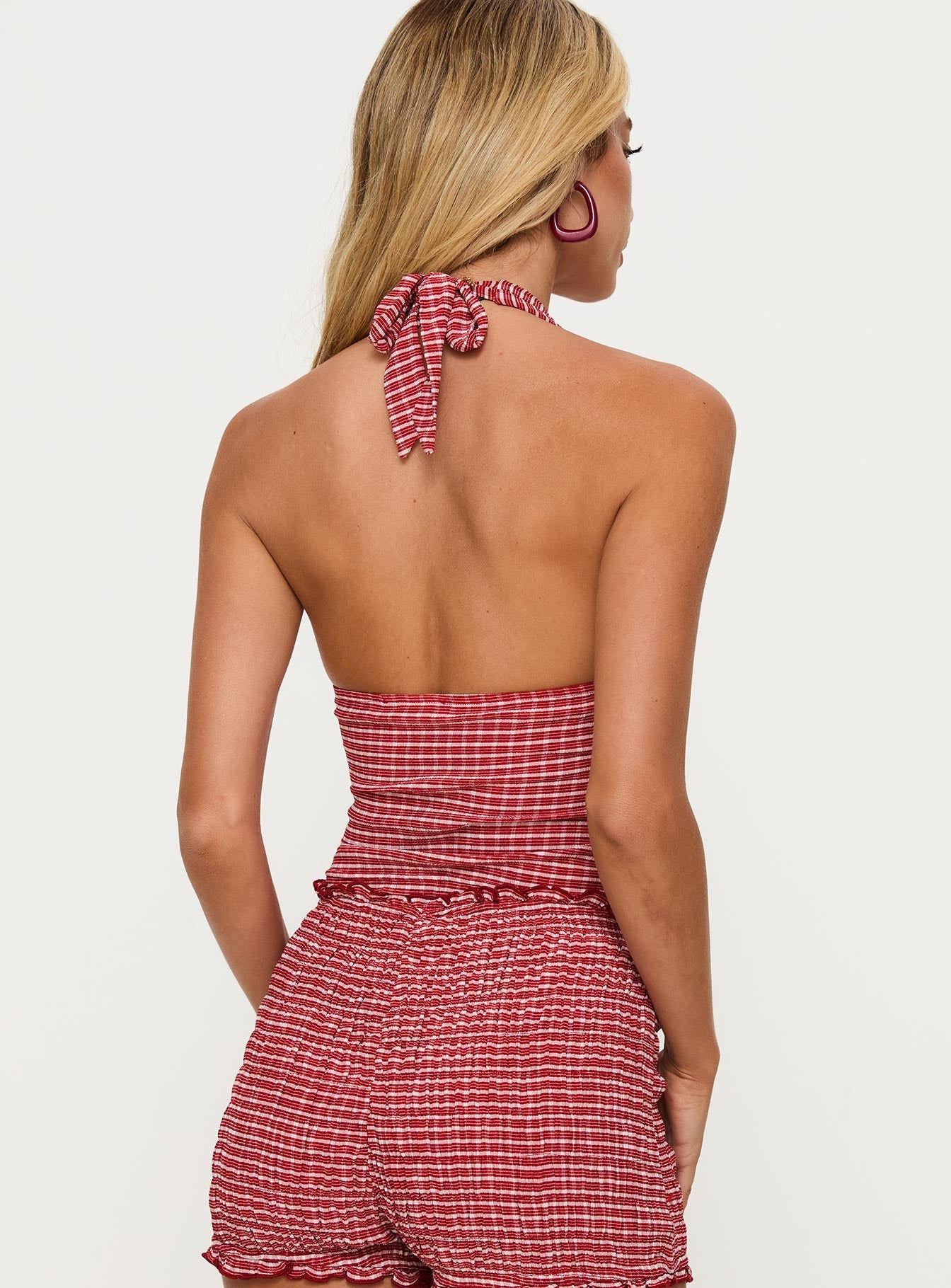 back view of model wearing Princess Polly Whimsy Halter Top Red Gingham Sleeveless Plunger 