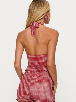 back view of model wearing Princess Polly Whimsy Halter Top Red Gingham Sleeveless Plunger 