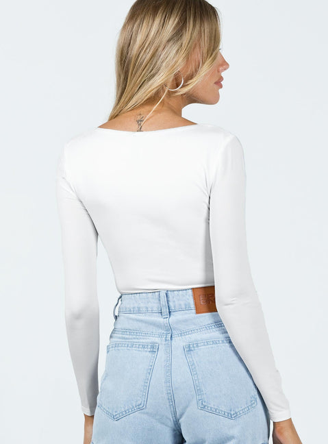 back view of model wearing Princess Polly Alberta Long Sleeve Bodysuit White Full Sleeves Sweetheart 