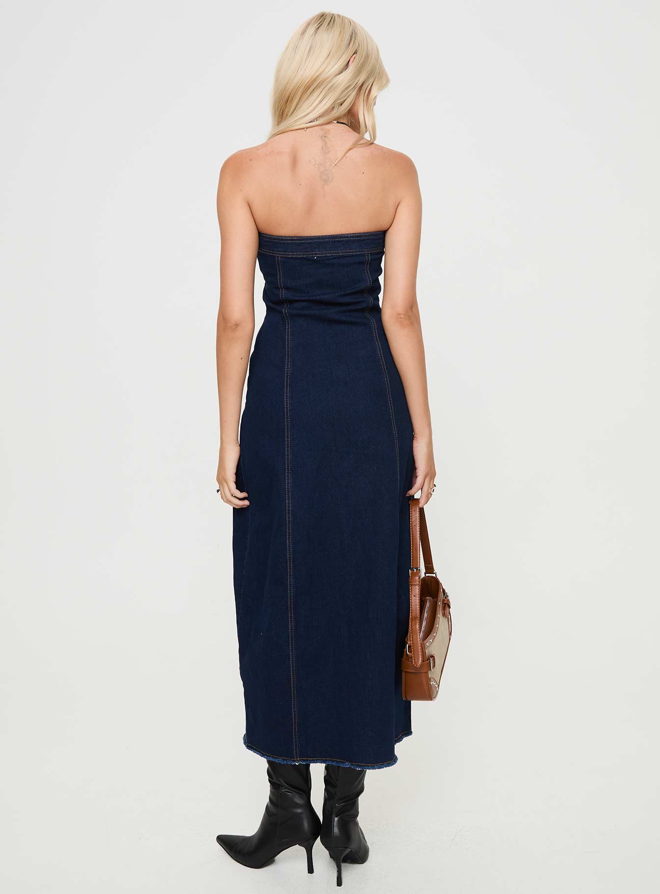 back view of model wearing Princess Polly Stoltz Denim Midi Dress Blue Straight Neck 