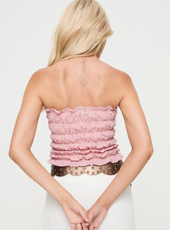 back view of model wearing Princess Polly Layton Strapless Top Red Check Sleeveless straight 