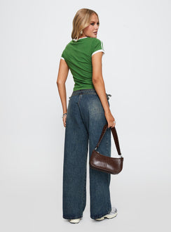back view of model wearing Princess Polly Baccarat Belted Denim Pant Dark Blue Low Rise Jeans 
