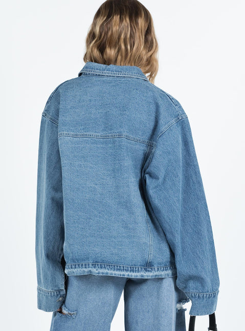 Blue denim jacket Mid wash denim Pointed collar Button fastening at front Twin chest pockets Single button cuff Non-stretch Unlined