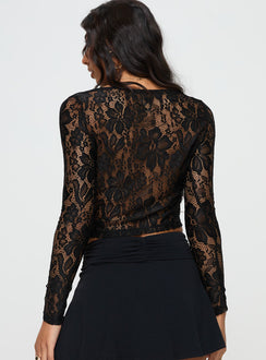 Black Long sleeve lace top Scooped neckline, tie & button fastening at bust, split hem