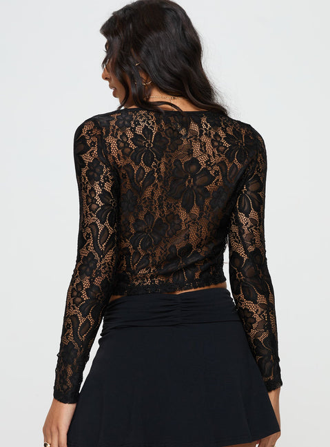 Black Long sleeve lace top Scooped neckline, tie & button fastening at bust, split hem