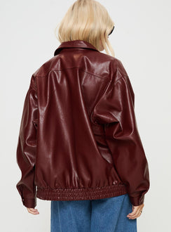 Burgundy Faux Leather jacket Oversized fit, zip fastening at front, classic collar, twin hip pockets, elasticated waistband